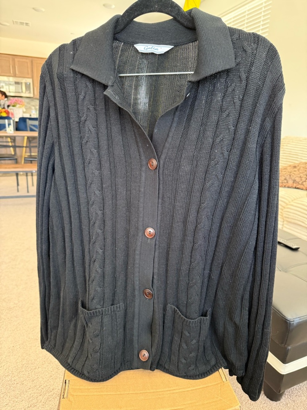 Alia Black Ribbed Cable Knit Button-Front Cardigan
